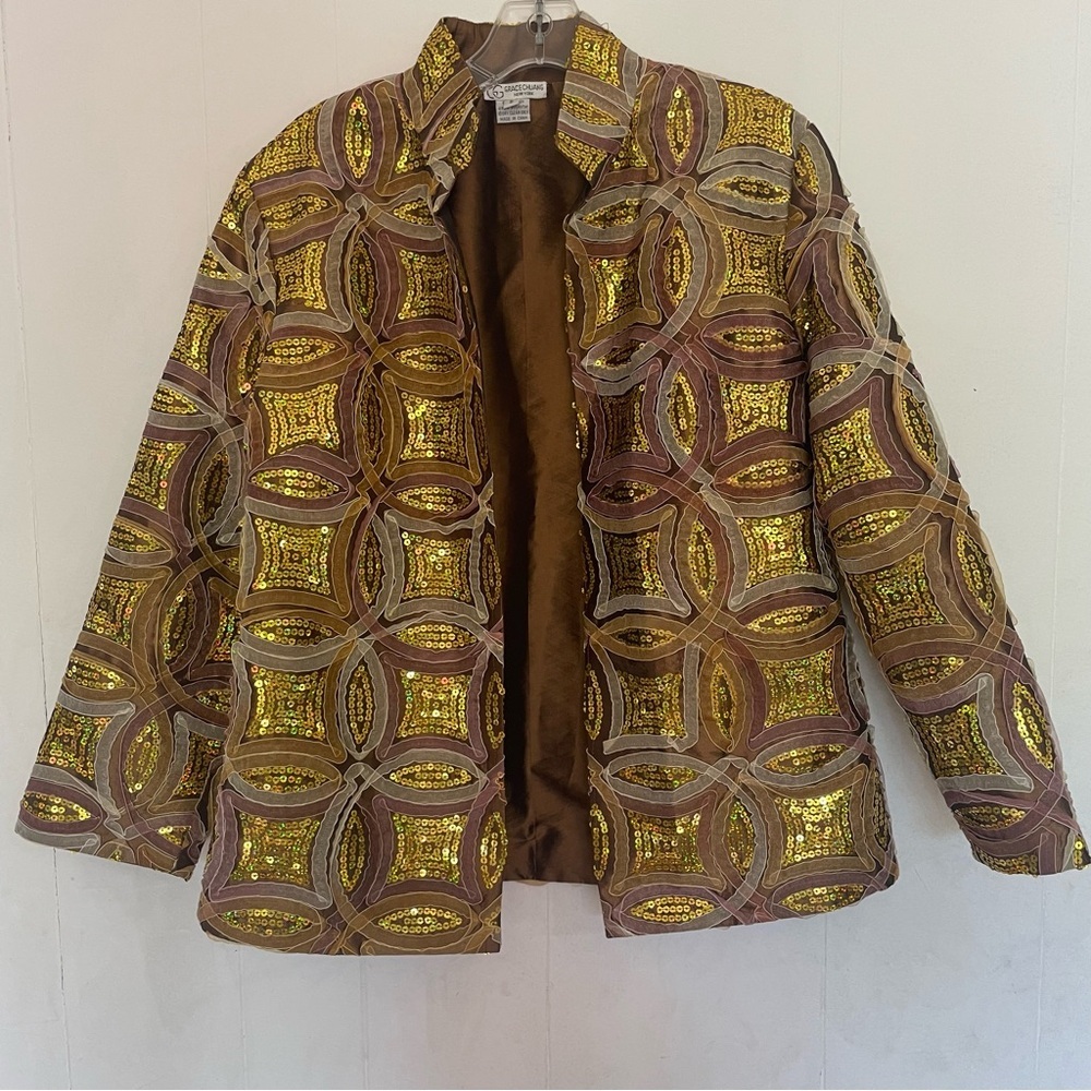 Grace Chung New York blazer jacket XL gold sequin ribbon geometric dressy